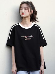 Áo Thun Cotton Tay Ngắn Dáng Rộng Màu Đen Cho Nữ Thương Hiệu Thời Trang Thiết Kế Tay Ngắn Cổ Tròn in Họa Tiết Mùa Hè