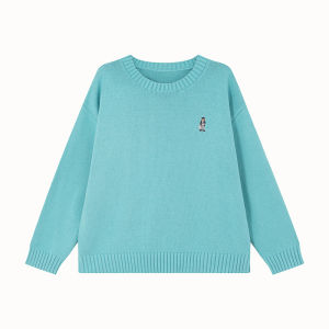 Embroidered Teddy Ribbed Round Neck Knitted Sweater For Casual Spring Wear