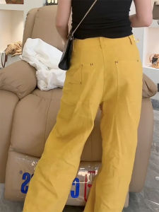 Yellow Linen Wide Leg Casual Pants Womens plus Size Pear Shape Loose Slimming Floor-Length Trousers Comfortable Breathable