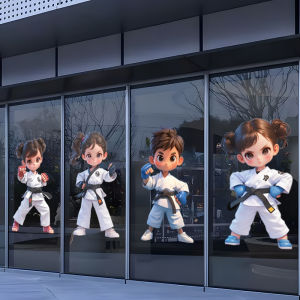 Modern Simplified Cartoon Taekwondo Doll Static Electricity Transparent Glass Sticker Martial Arts Gym Shop Window Decoration