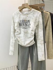 plus Size American Dyed Print Long Sleeve T-Shirt Womens Drawstring Slimming Top Belly Concealing Base Layer Shirt