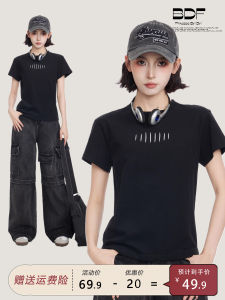 Áo Thun Tay Ngắn Cổ Tròn Ôm Vừa Vặn Mùa Hè Màu Đen Cổ Điển Mỹ Dành Cho Nữ Áo Thun Tay Lửng Ngắn Mặc Trong