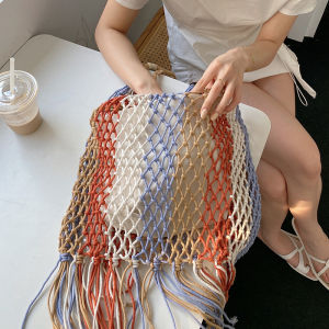 Youmu Bag Ethnic Style Color Matching Tassel Handmade Woven Beach Bag Shoulder Womens Bag Large Capacity Retro Vacation Bag