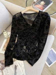 PAILAKOU | French Style Bubble Sleeve Mesh T-Shirt V Neck Long Sleeve Womens Base Shirt Slimming Fit Spring Autumn New Arrival