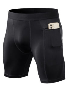 Black Zipper Pocket Fitness Pants Mens Gym Sports Tight Pants High Elasticity Breathable Compression Pants Polyester Spandex