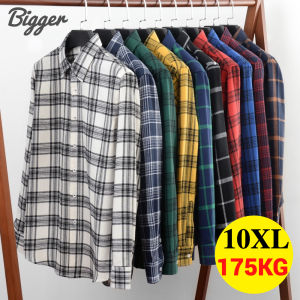 <Plus size> 10XL Long-sleeved Men Brushed Shirt Oversize Plaid Loose Big Business Top 10XL 9XL 8XL 7XL
