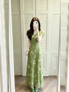 NIUVIES | French Style Green V-Neck Floral Slim Fit Waist Dress