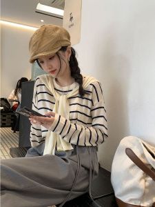 Chic Design Striped Base Layer Shirt Long Sleeve Two-Piece Set Korean Style College Trend Early Autumn Fashionable Knitted Sweater