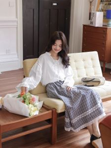 Tess French Style Long Sleeve V-Neck Womens Shirt Cotton Linen Blend Straight Cut Sweet Style Spring New Arrival