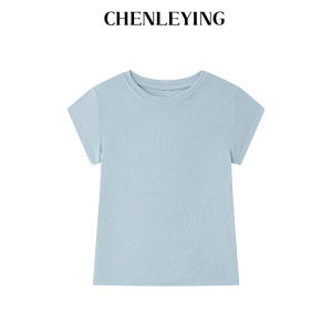 ChunLeYing Womens Slim Fit Short Sleeve T-Shirt round Neck Design Summer Silk Wool Blend Korean Style Commute Pure Color