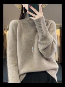 7linew autumn winter women basic loose turtleneck pullover sweater 100% merino wool thick long sleeve Cal cashmere knitwear tops
