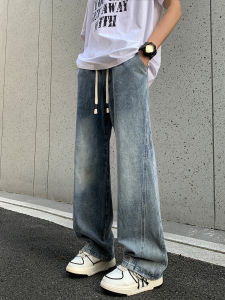 Japanese-Style Retro Blue Denim Mens Summer Fashion Brand Loose Easiest for Match Washed Casual Elastic Waist Micro-Pull Straight-Leg Pants