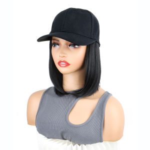 วิกผมสังเคราะห์ทรงบ๊อบสั้น 8 นิ้ว สีดำ แบบหมวกเบสบอล ต่อผม ทนความร้อน ปรับขนาดได้ สำหรับผู้หญิง