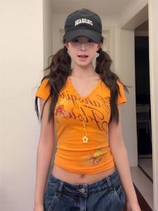 Áo Thun Cotton Tay Ngắn in Hoa Màu Cam Gợi Cảm Cho Nữ Mùa Hè Thiết Kế Ôm Vừa Vặn Đa Năng Thời Trang Thường Ngày