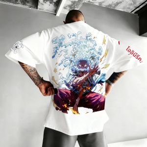 เสื้อยืดคอกลมแขนสั้นผ้าฝ้ายพิมพ์ลายวันพีซลูฟี่ทรงหลวมสไตล์อเมริกันสำหรับผู้ชายและผู้หญิงใส่สบายระบายอากาศได้ดีสำหรับฤดูร้อน