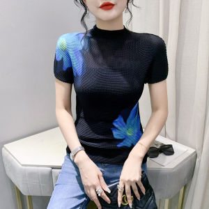 REHIN 3D printed floral pattern fashionable slim-fit short-sleeved T-shirt high-neck new summer texture trendy womens top