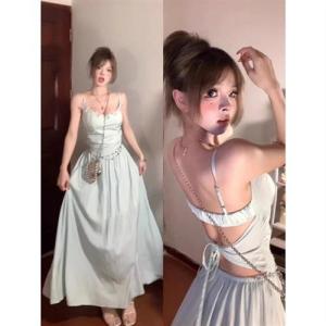 Green Backless Strap Dress Womens Summer Beach Vacation French High Waist A-Line Long Dress Elegant Sensation Waist Cinching