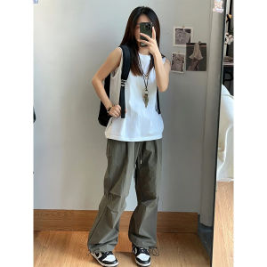 Pure Cotton White Small Cuff Vest Mens Summer Outwear American Sports Waistcoat Heavy Weight Thread Neckline Sleeveless T-Shirt