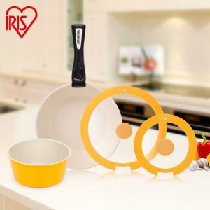 Detachable Handle Ceramic Pan Non-Stick Flat Bottom Stir-Fry Wok IRIS Love Knot 5-Piece Set Japanese Style Covered Pot
