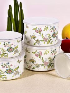 Enamel Food Preservation Bowls Set of Five with Covers Pig Fat Basin Rice Bowl Soup Bowl Ice Bowl Plant Floral Pattern Enamelware