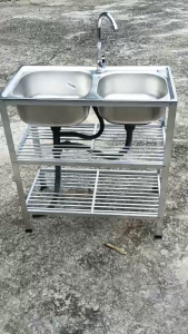 ซิ้งค์ล้างจาน อ่างล้างจานสแตนเลส 2 หลุม 3 ชั้น โครงอลูมิเนียม พร้อมที่คว่ำจาน ชั้นเสียบคว่ำจานให้แห้ง ขนาด 75 x 40 x 80 ซม.