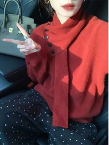 Red Lazy Style Womens Sweater Autumn Winter High End Feeling Long Sleeve round Neck Warmth Emitting Knitted Top for Christmas