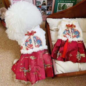 Thickened Plush Dog Princess Costume Tang Suit Winter Autumn Pet Clothes for Chihuahua Cats Warm Cozy Pet Apparel Accessories