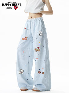 CHARLES JANGS HAPPY HEART | Thin Loose Wide Leg Casual Pants with Dog and Stripe Design