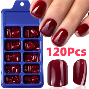 120Pcs Red Short Square Fake Nails Summer Glossy Full Cover Press on Nailtip Acrylic False Fingertip for Women Mothers Day Gift