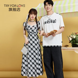 Tryforlove Charcoal Plaid Couple Outfit Skirt And Top Cotton A-Line Sleeve U-Neck Long Dress Summer New Arrival Ins Style
