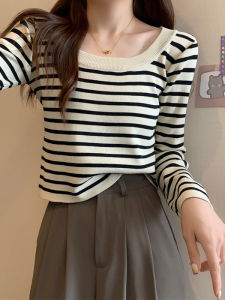 French U-neck Long Sleeve Black White Striped Knitted T-shirt Womens New Style Korean Maturity Inner Wear Base Layer Top