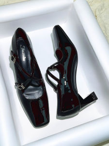 รองเท้าส้นสูง Mary Janes สำหรับผู้หญิง ทรงหัวเหลี่ยม หนังนิ่ม สายรัดแบบผูก ทรงหัวเหลี่ยม รองเท้าส้นสูงแบบสวมสบาย