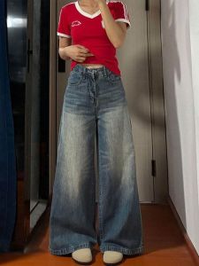 กางเกงยีนส์ขากว้างเอวสูง กางเกงขายาวทรงตรง กางเกงขายาวทรงหลวมสำหรับผู้หญิงไซส์ใหญ่ ฤดูใบไม้ร่วง 2025 กางเกงยีนส์ทรงสลิมฟิต