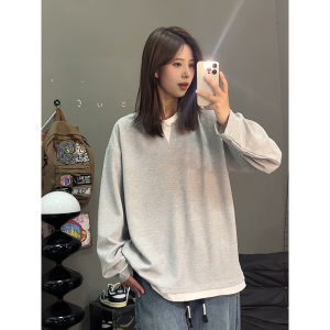 Gray American Retro V-neck Heavyweight Hoodie Men Early Autumn Cleanfit Lazy Style Fake Two-piece Long-sleeve T-shirt