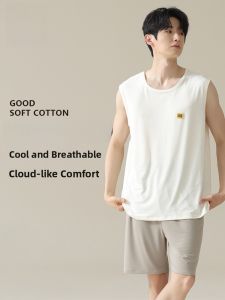 MiiOW | Mens Summer Sleepwear Short Sleeve Breathable Cool Home Clothes Set Short Pants Two-Piece Set Comfortable Lightweight Polyester Blend