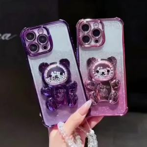 4 Corner Shockproof Phone Case with Cute 3D Bear Stand Crystal Chain Lanyard Glitter Transparent For Oppo A5 Pro 5pro Back Cover