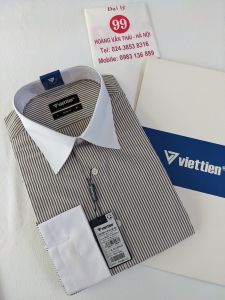 [Việt Tiến Sale] Sơ Mi Dài Tay - Slim Fit - Vạt Bầu - Kẻ sọc nâu nền trắng