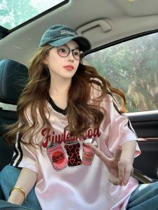 Summer Mid-Length Loose Fit Short Sleeve T-Shirt Womens Sporty Style Casual Printed Top Slimming Effect OL Trendy Brand