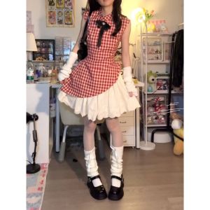 Váy Ngắn Chữ a Không Tay Màu Đỏ Kẻ Caro Mùa Hè Cho Nữ Váy Ngắn Không Đều Váy Công Chúa Váy Chữ A Váy Công Chúa