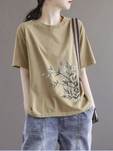Áo Thun Tay Ngắn Cotton Nguyên Chất Thời Trang Mùa Xuân Hè Mới Cho Nữ Đa Năng Trẻ Trung Nghệ Thuật in Họa Tiết Phong Cách Trung Quốc