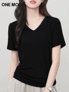 One More Womens Black V-Neck Short Sleeve T-Shirt Cool Sensation Antibacterial Half Sleeve Summer Top Loose Fit Cotton Blend