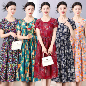 Váy Cotton Lụa Tay Ngắn Mùa Hè Cho Phụ Nữ Trung Niên Dáng Rộng Dài Vừa Phải Chất Liệu Cotton Nhân Tạo Váy Công Sở Thường Ngày