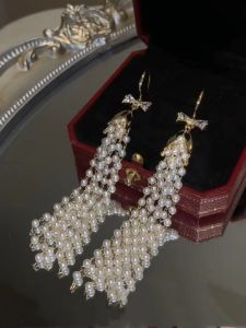 Trendy Long Pearl Tassel Earrings Silver Needle Korean Style Butterfly Knot Slimming Face Effect Elegant Fashion Jewelry