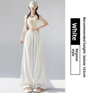 MiiOW | Blue Lace Splicing Hollow Wide Leg Pants Womens High Waist Design Sensation Floor Length Drape Loose Casual Pants