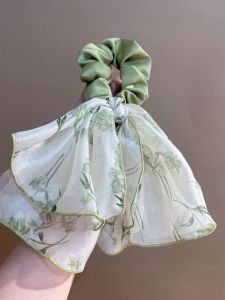 ยางรัดผมผ้าซาตินพิมพ์ลายสีเขียว ยางรัดผมผูกโบว์ผีเสื้อสไตล์เกาหลี ติดผมสุดเก๋สำหรับผู้หญิง