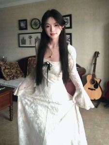 French Style Lace Long Dress Womens Autumn Butterfly Knot Waist Cinching Square Collar Dress plus Size A-Line Skirt Dress