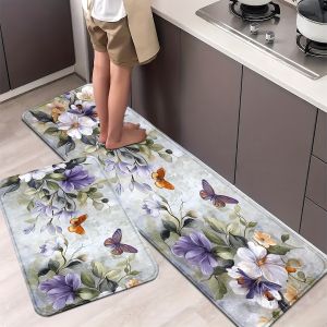 VIKAMA Daisy Pattern Kitchen MatStriped and Butterfly Print Carpet Laundry Room Bathroom Outdoor and Indoor Home Decoration