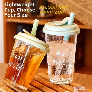 OUHUAGUAN | Cute Printed Office Glass Coffee Cup with Straw Gift