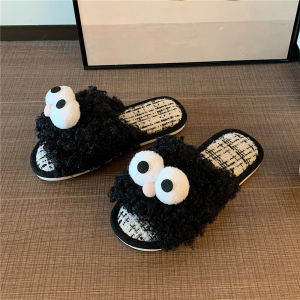 รองเท้าแตะผู้หญิงฤดูใบไม้ร่วง/ฤดูหนาว รองเท้าแตะขนสัตว์ลายการ์ตูนน่ารัก ส้นแบน พื้นยาง กันลื่น ใส่ในบ้าน รองเท้าแตะผ้าฝ้ายทันสมัย