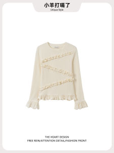 Sweet Style Long Sleeve T-Shirt Womens Slim Fit Short Top Floral Lace Detail Base Layer Shirt Autumn New Arrival Cotton Blend